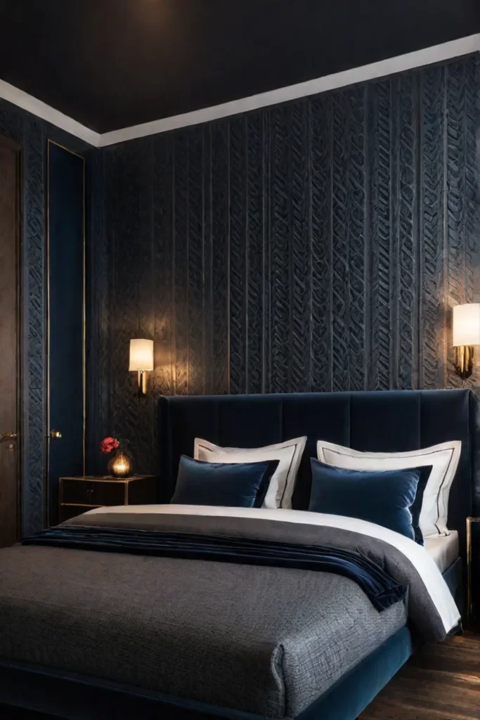 Bedroom with sconces on either side of the bed illuminating a textured
