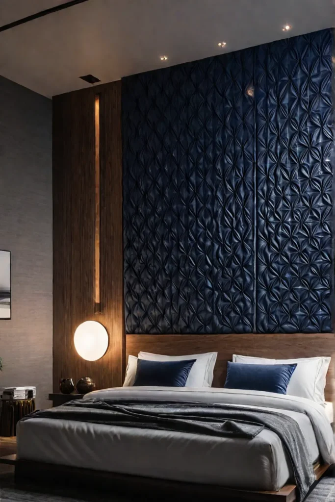 Bedroom with textured wall panels creating a unique ambiance