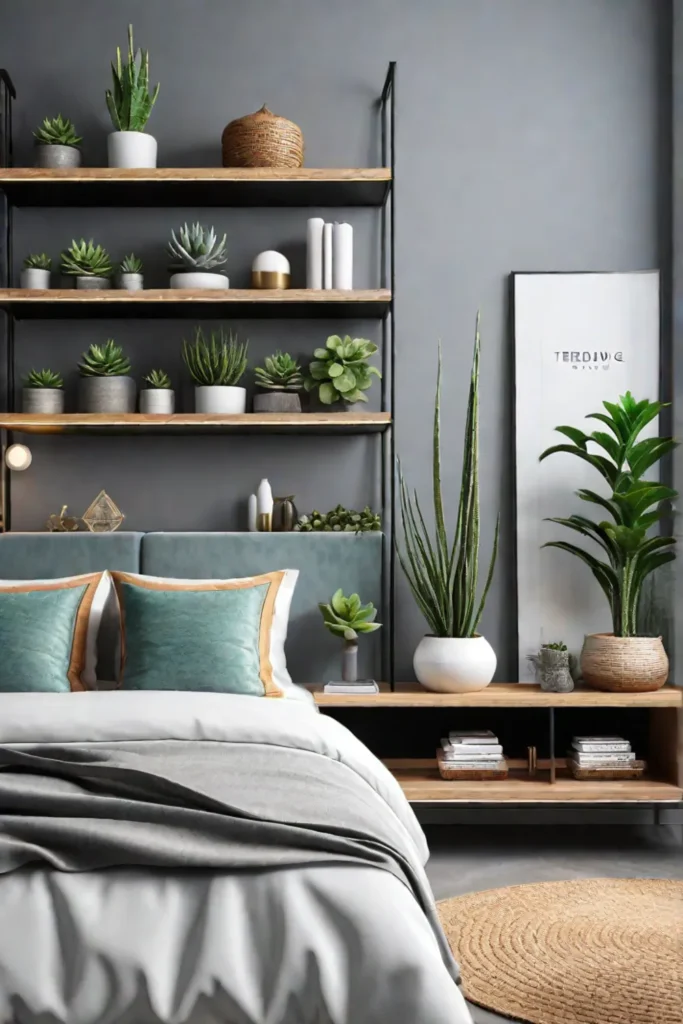 Bedroom with wall shelves displaying succulents and air plants