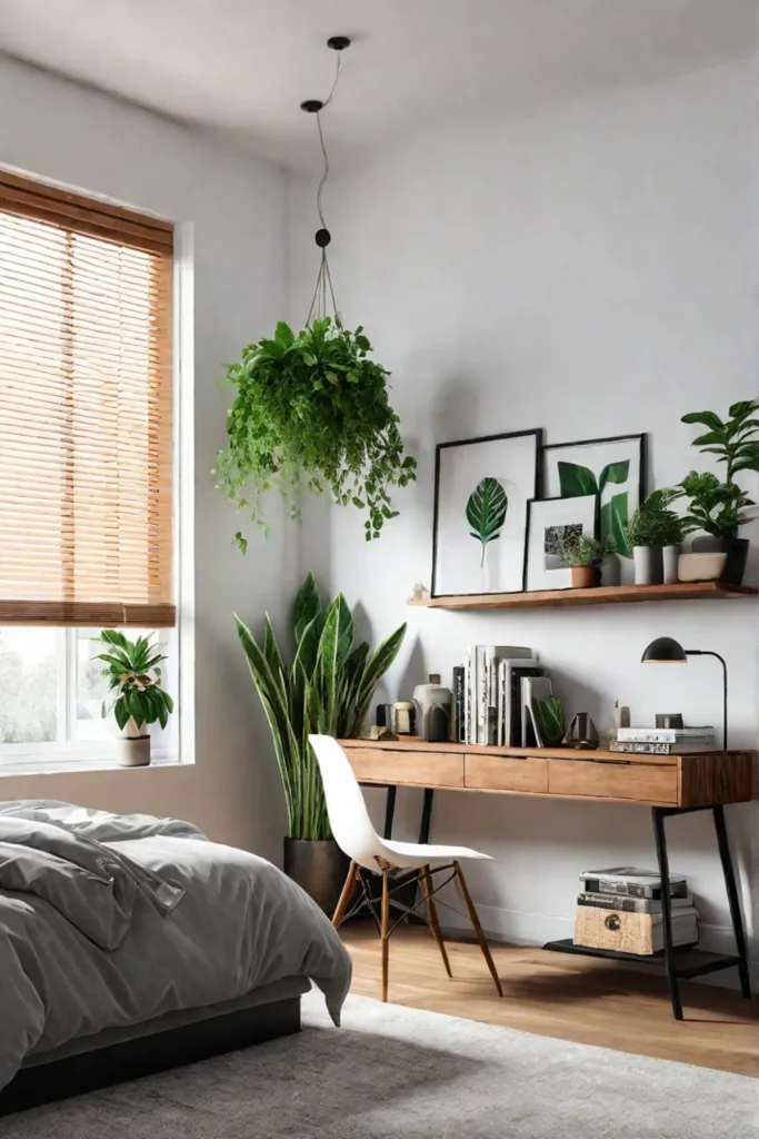 Bedroom with wallmounted shelf displaying plants and books