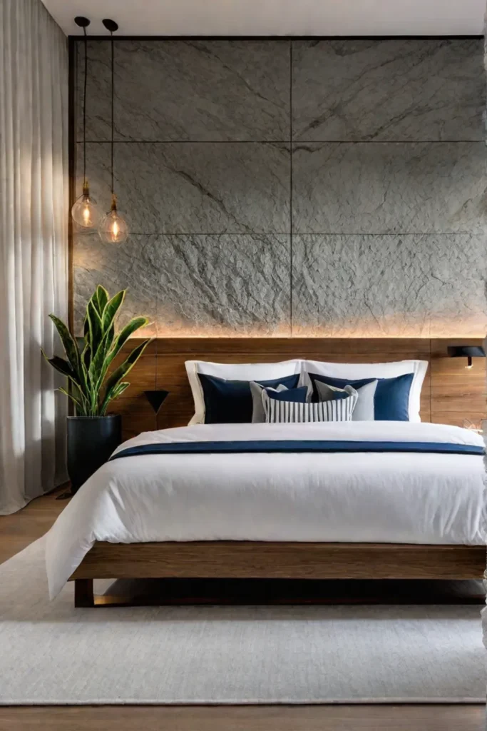 Bedroom sanctuary with stone accent wall and natural materials