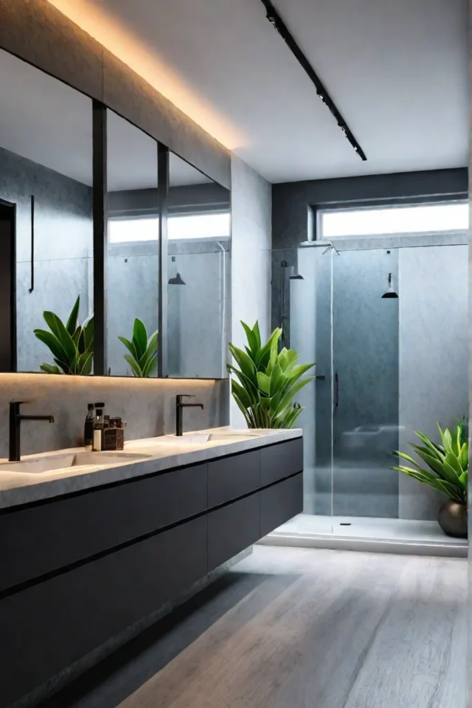 Biophilic bathroom with natural light and water feature