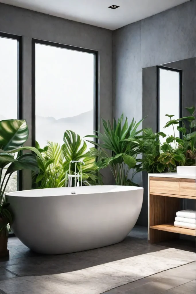Biophilic bathroom with wood and plants