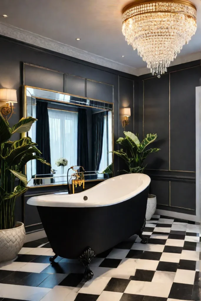 Black and white checkered floor tiles in a glamorous bathroom with a