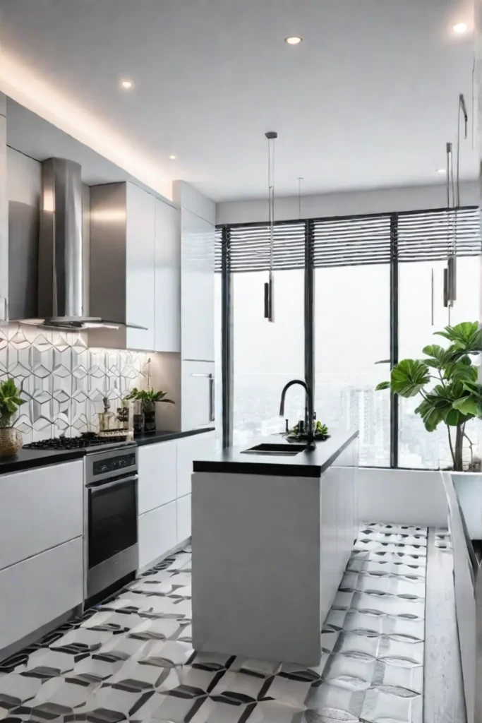 Black and white geometric patterned tiles in a modern small kitchen with