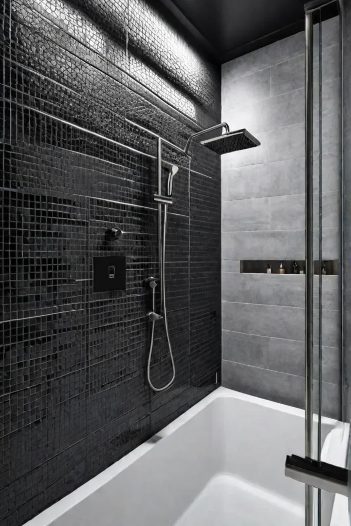 Black and white tile shower with gray grout