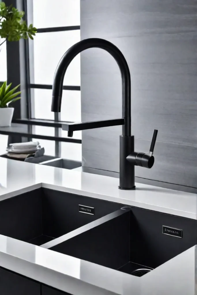 Black sink and faucet with white countertops kitchen