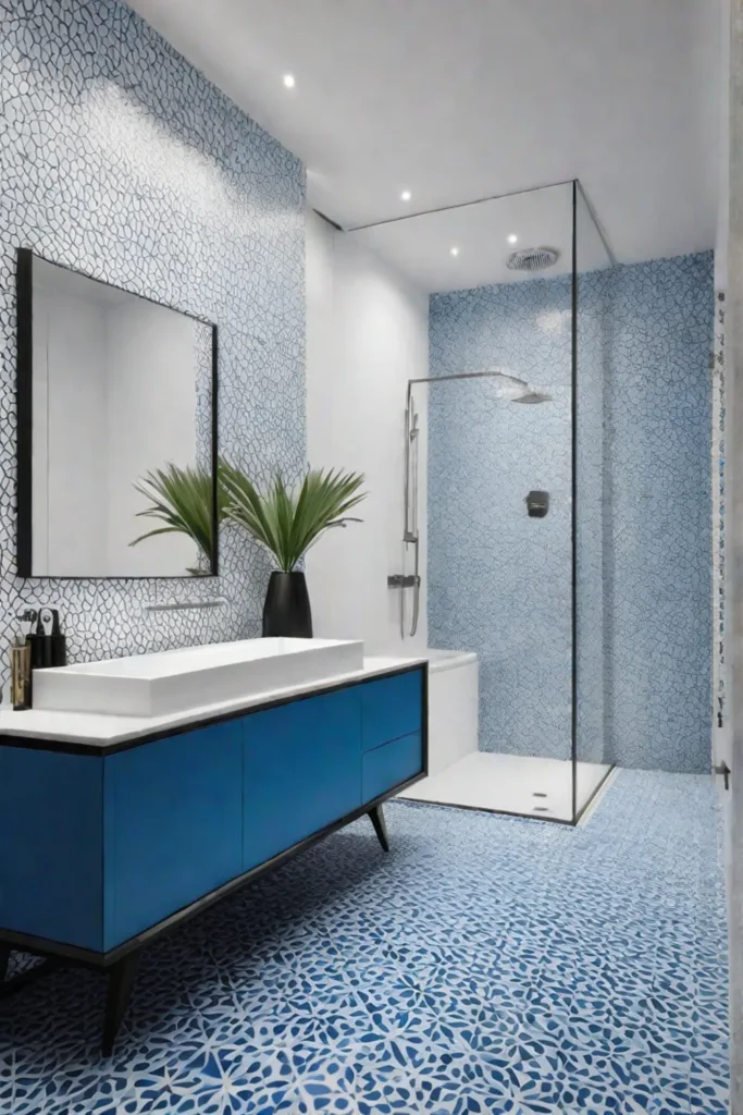 Blue mosaic bathroom floor with white grout