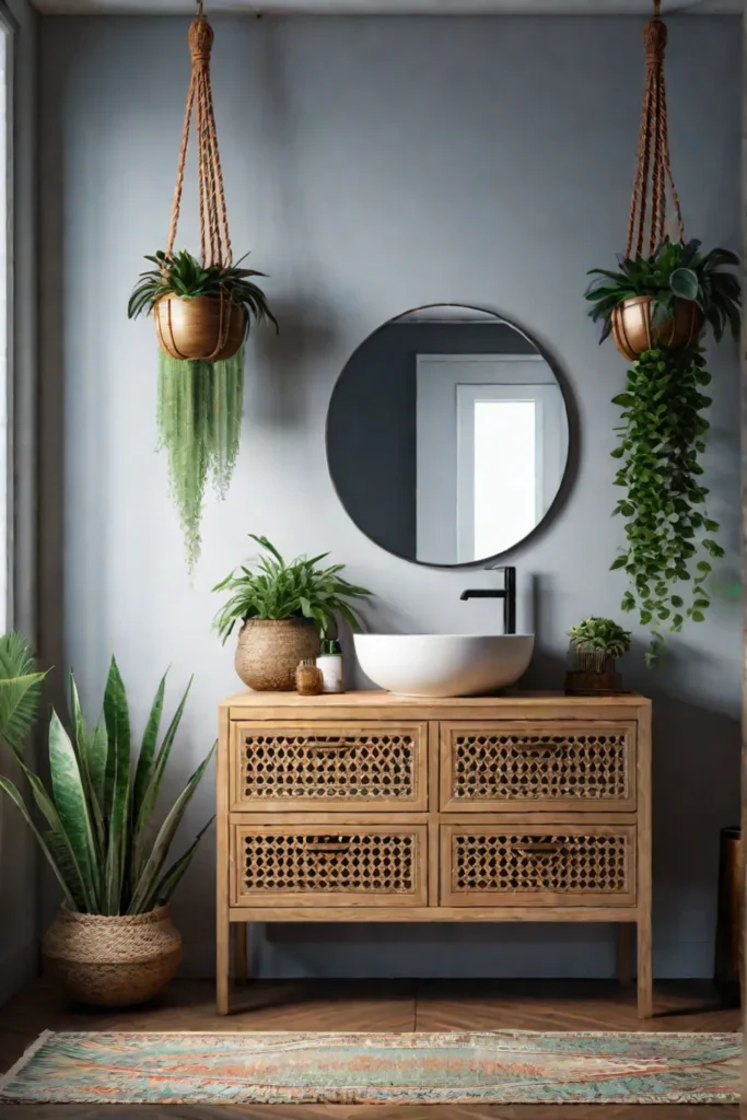 Bohemian bathroom with colorful textiles and plants