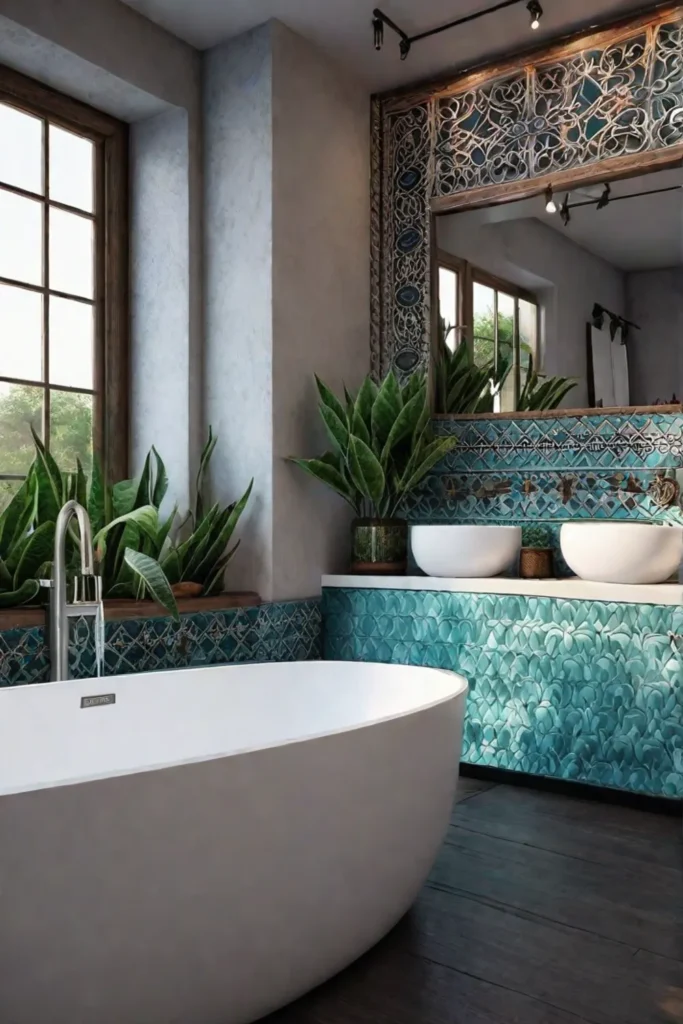Bohemian bathroom with colorful tiles and plants