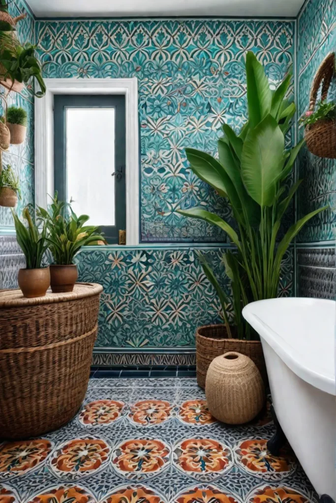 Bohemian bathroom with patterned tiles a clawfoot tub and eclectic decor