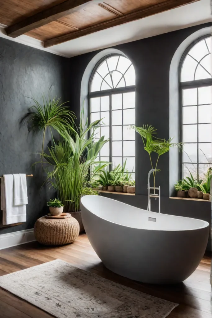 Bohemian bathroom with stone resin bathtub and plants