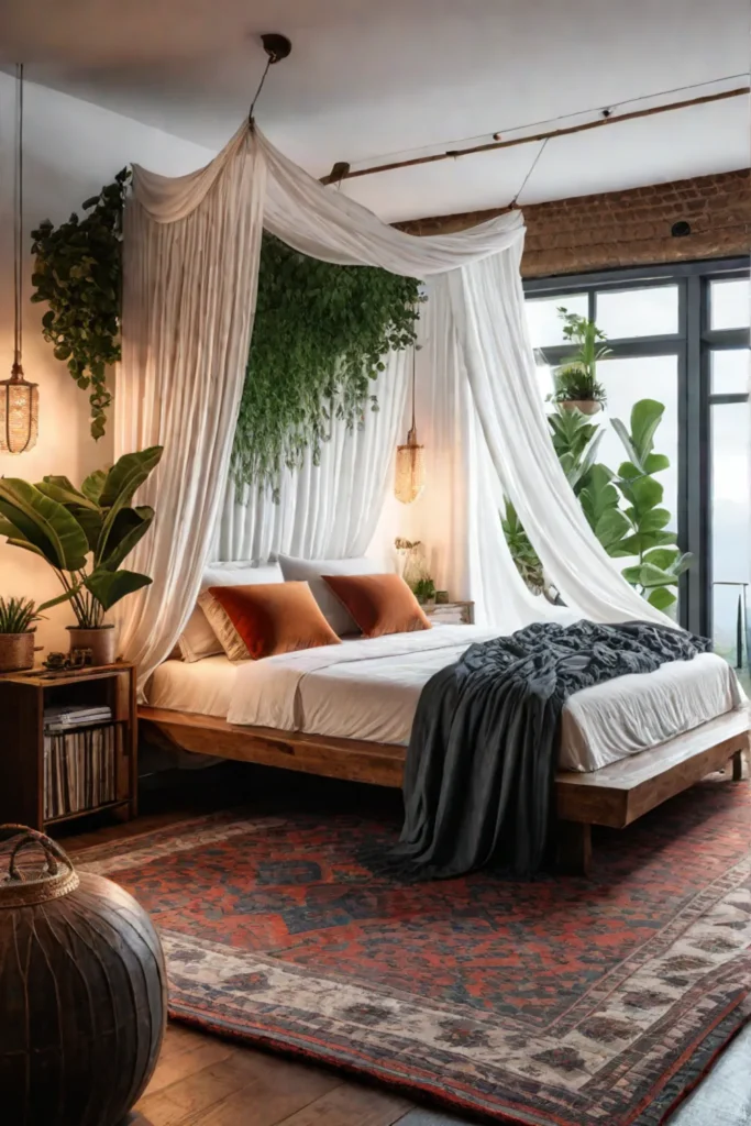 Bohemian bedroom with a canopy bed and layered textiles