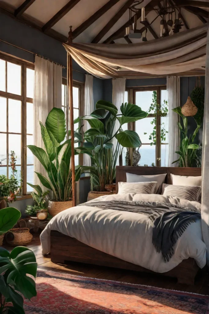 Bohemian bedroom with canopy bed and plants