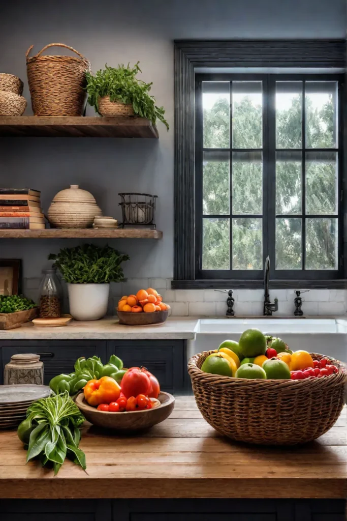 Bohemian kitchen countertop with a basket of produce and cookbooks