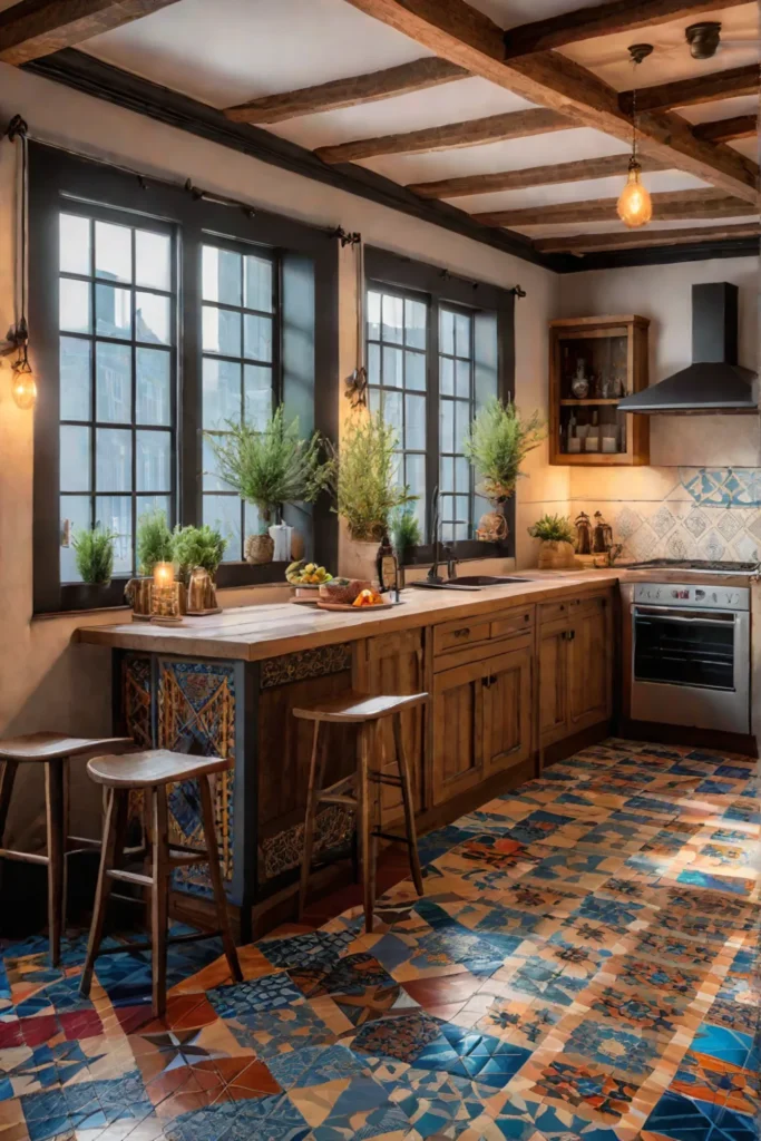 Bohemian kitchen with patchwork ceramic tile flooring