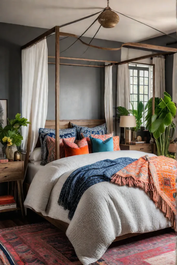 Bohemian retreat bedroom with canopy bed and vibrant textiles