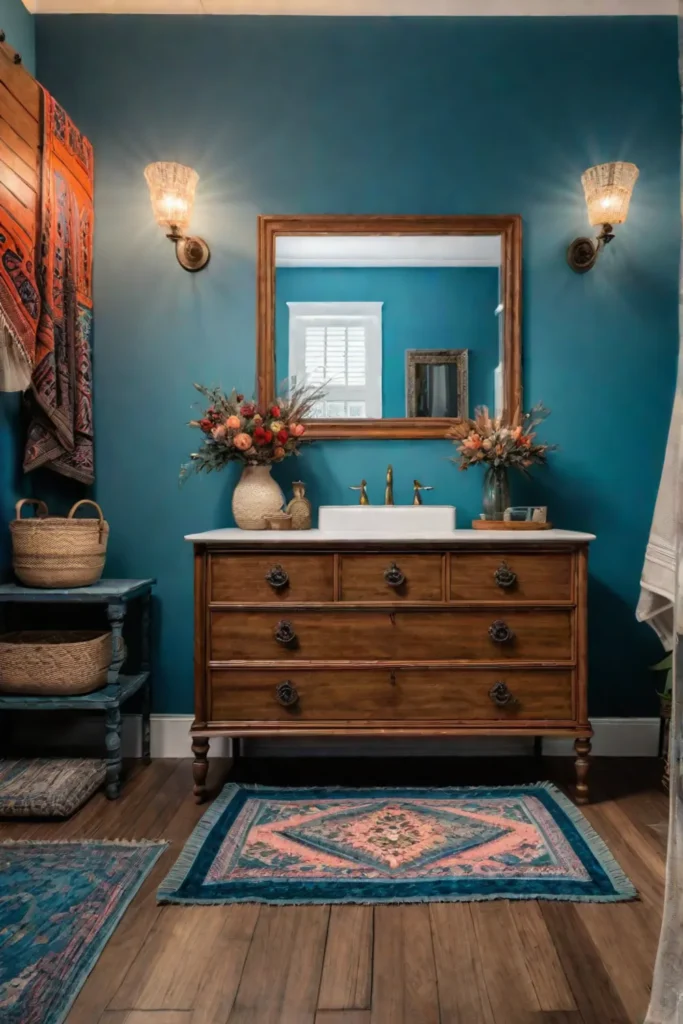 Bohemian_bathroom_with_a_vintage_dresser_vanity_macrame_wall_hanging_and_a_colorful_rug