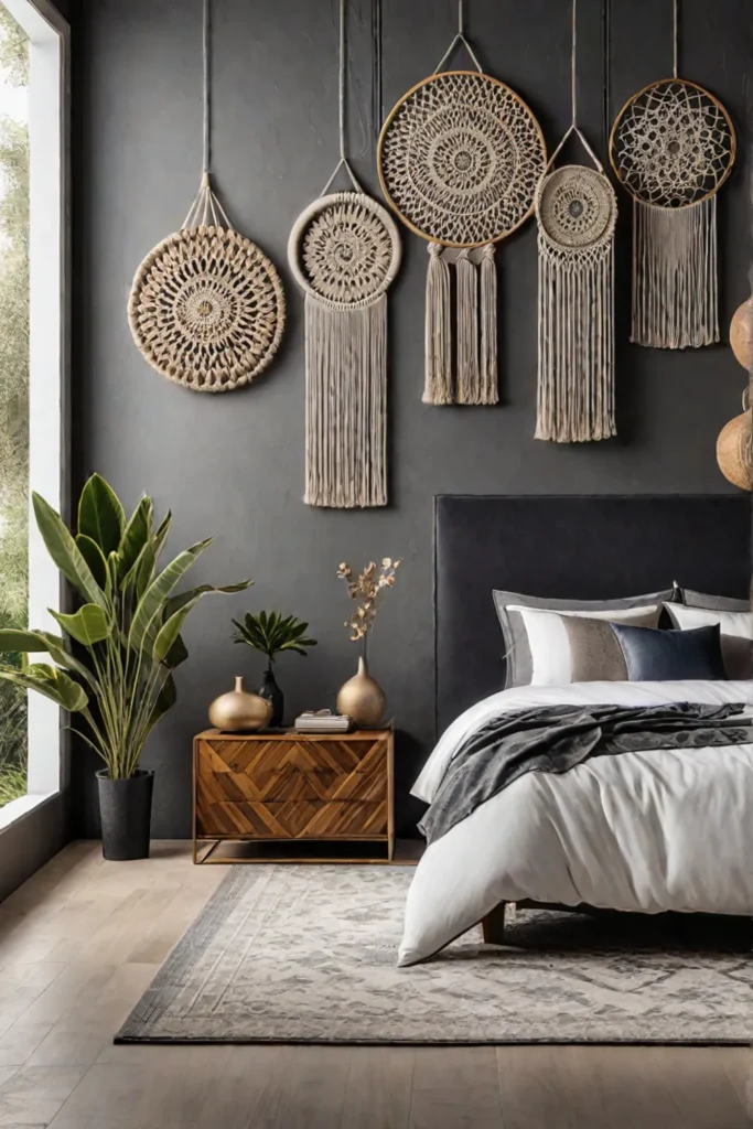 Bohemian bedroom with woven wall hangings and macrame art