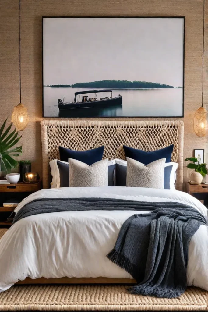 Bohemianinspired bedroom with woven headboard and macrame wall hanging