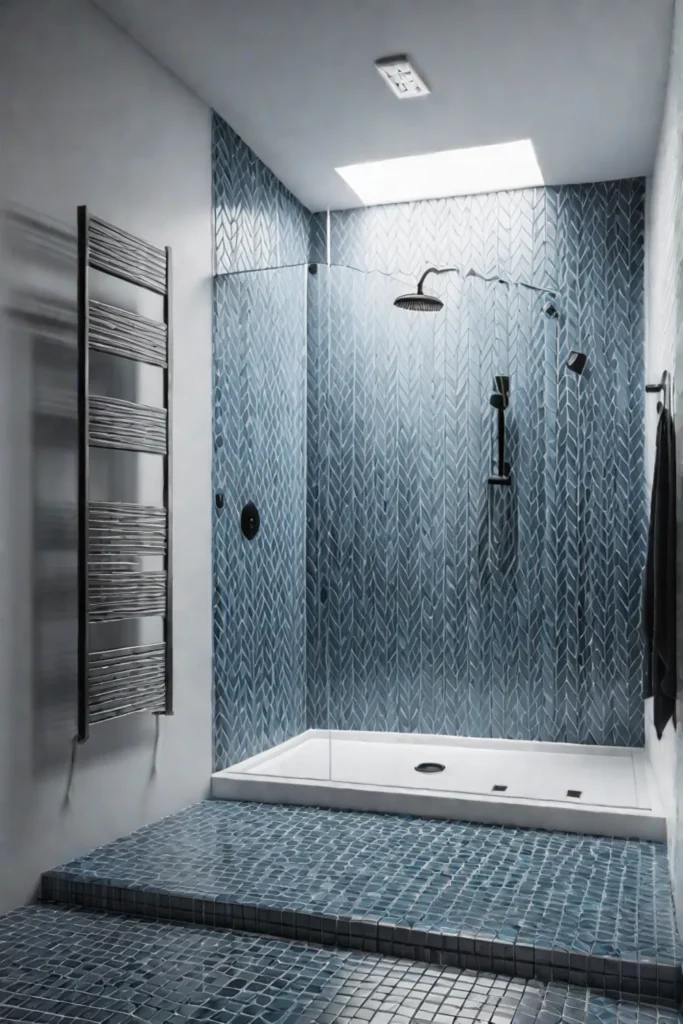 Bold geometric tile patterns in a small shower