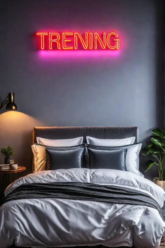 Bright neon sign in a trendy bedroom