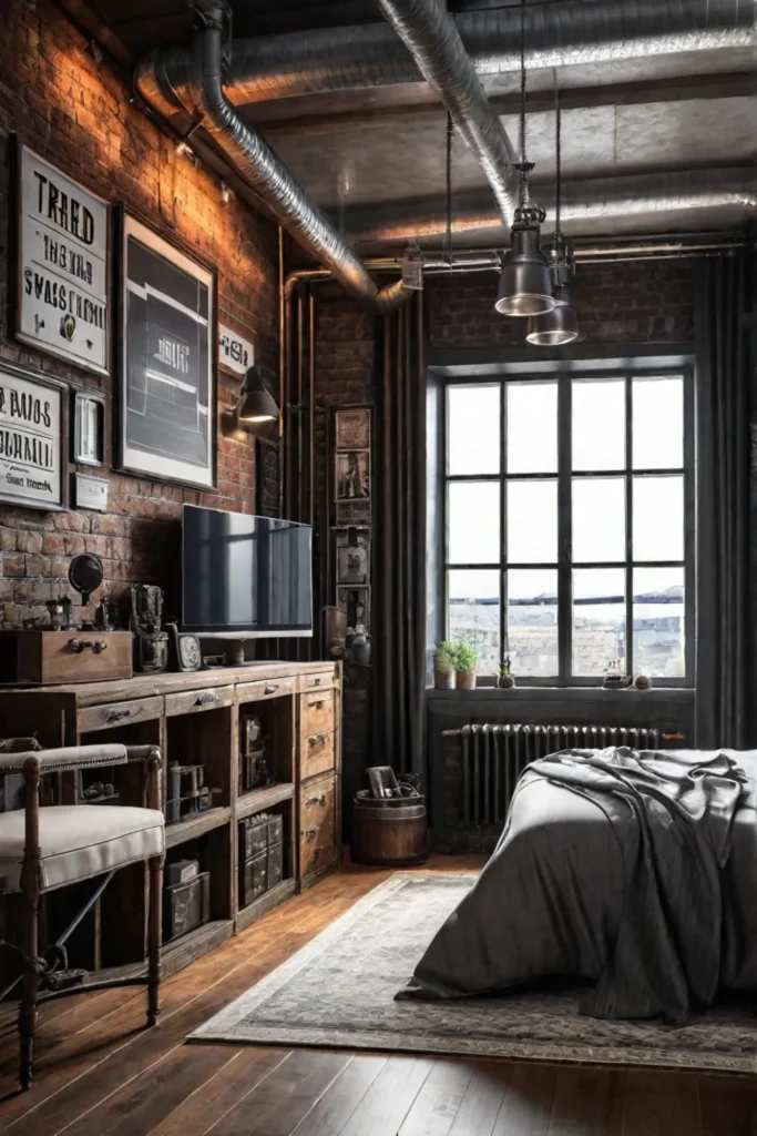 Budgetfriendly bedroom decor with exposed pipes and metal accents