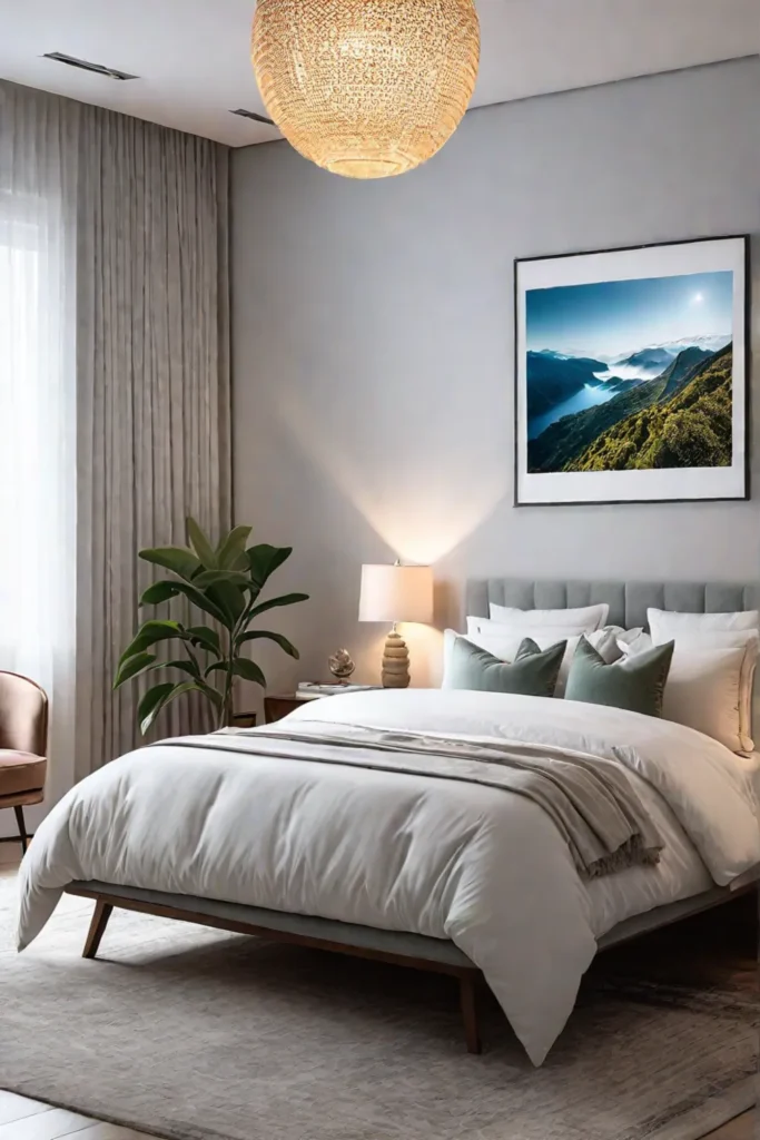 Calming bedroom with nature photography and cozy bedding