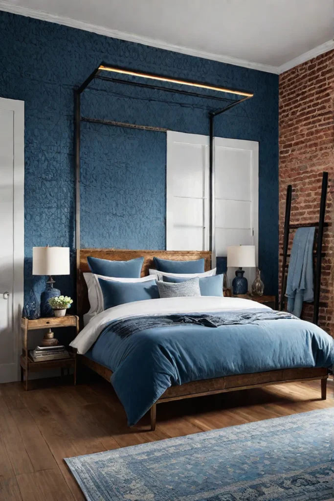 Calming blue bedroom with DIY bookshelf