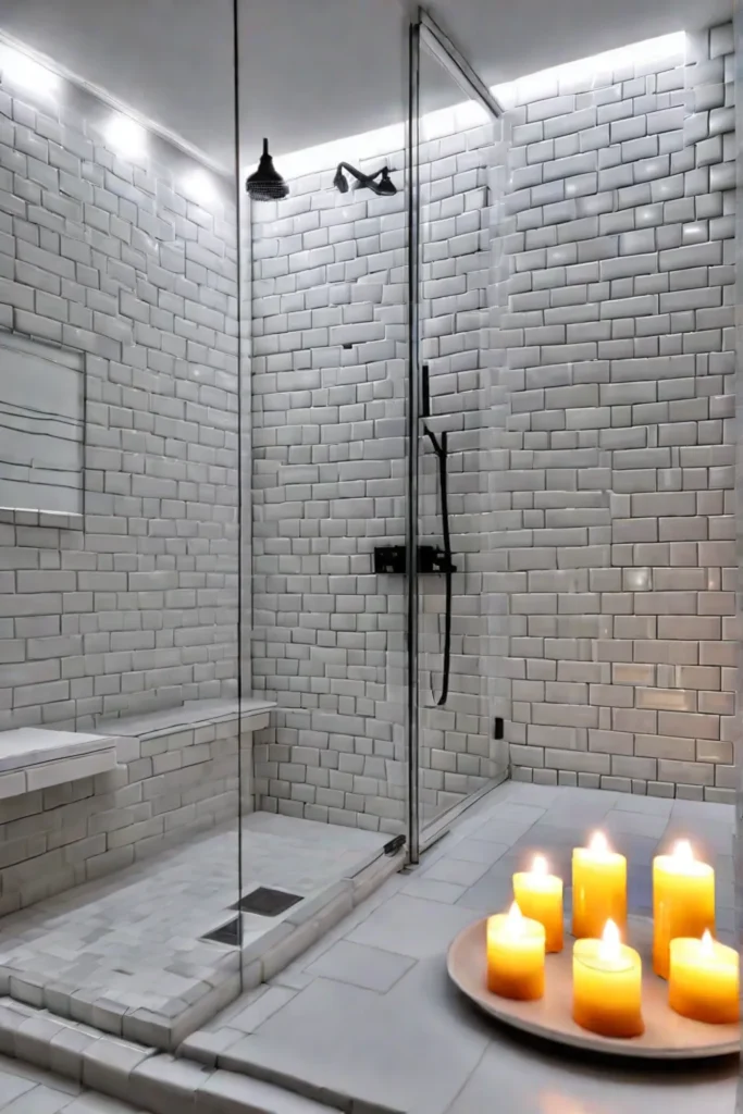 Candlelit shower with glossy subway tile and white grout