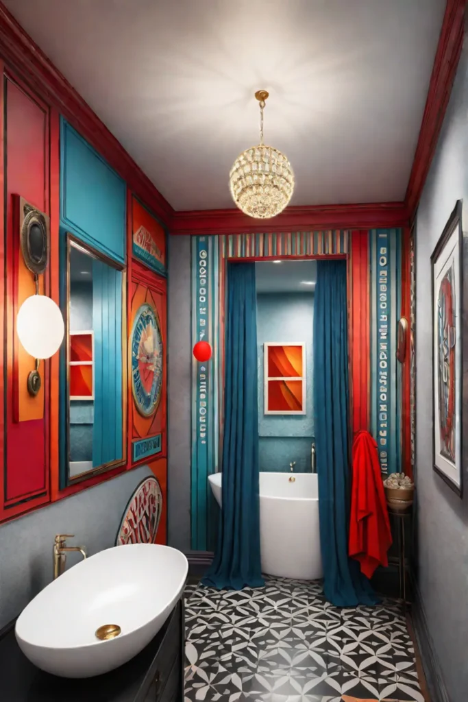 Circusthemed bathroom with bold colors and interactive elements