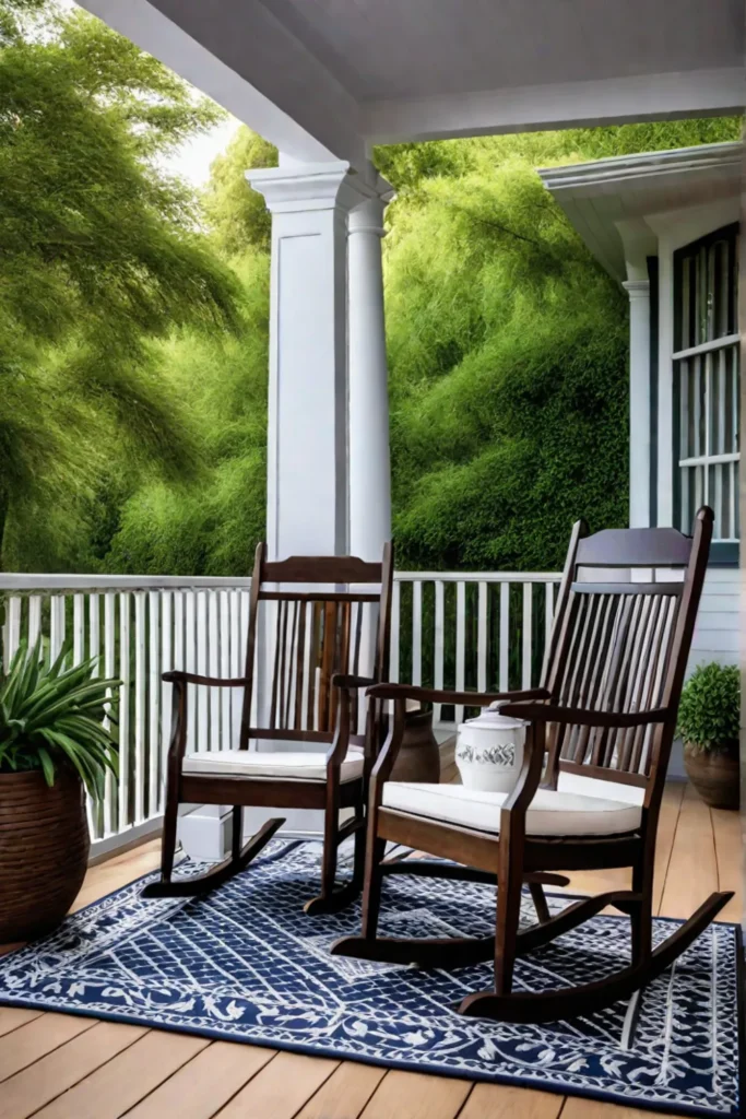 Classic outdoor space with rocking chairs and a side table