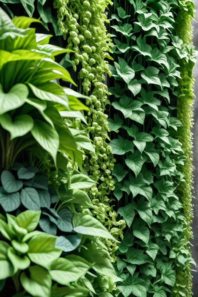 Closeup of a thriving vertical garden with healthy vegetables and supporting structures