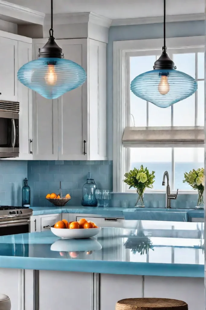 Coastal kitchen island with glass pendant lights