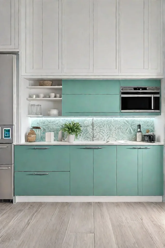 Coastal kitchen with luxury vinyl flooring and seafoam green backsplash