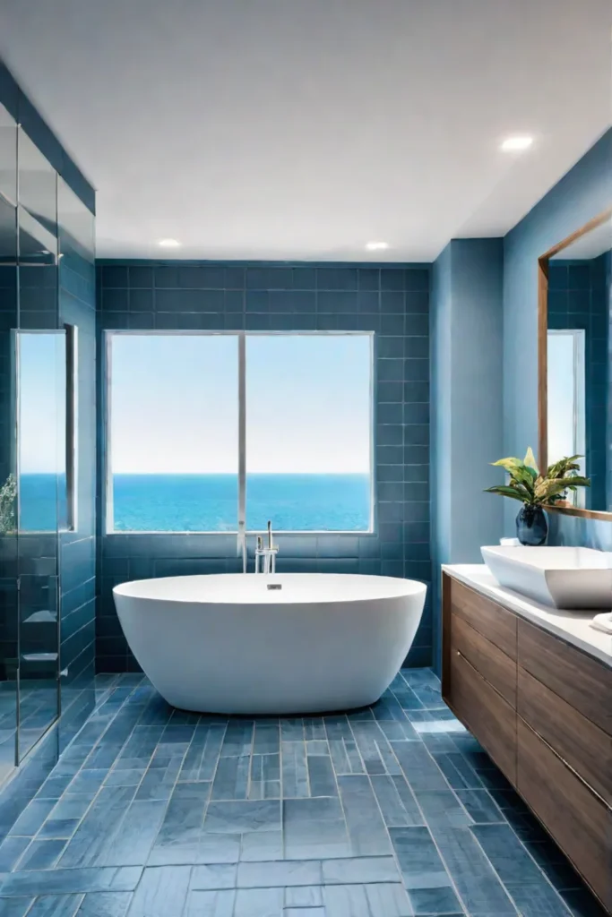 Coastal master bathroom with energyefficient lighting and ocean views