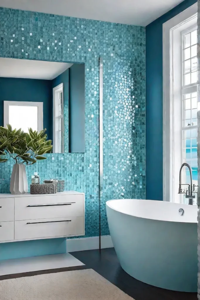 Coastal bathroom with light blue glass mosaic tiles