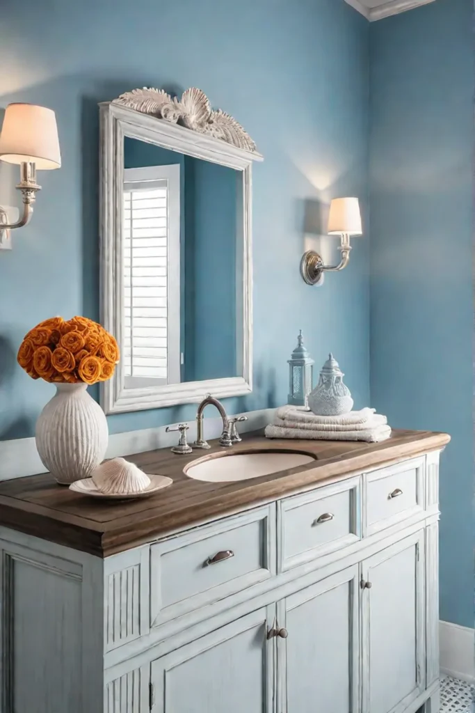 Coastalstyle bathroom with light blue walls and nautical decor