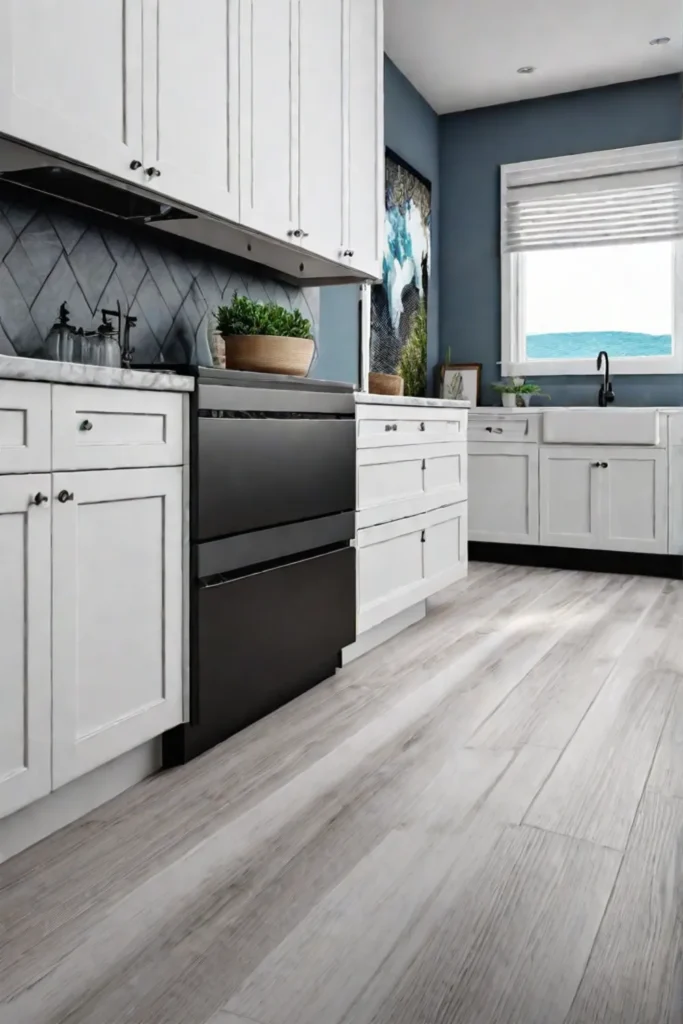 Coastalstyle kitchen with LVT flooring resembling whitewashed wood