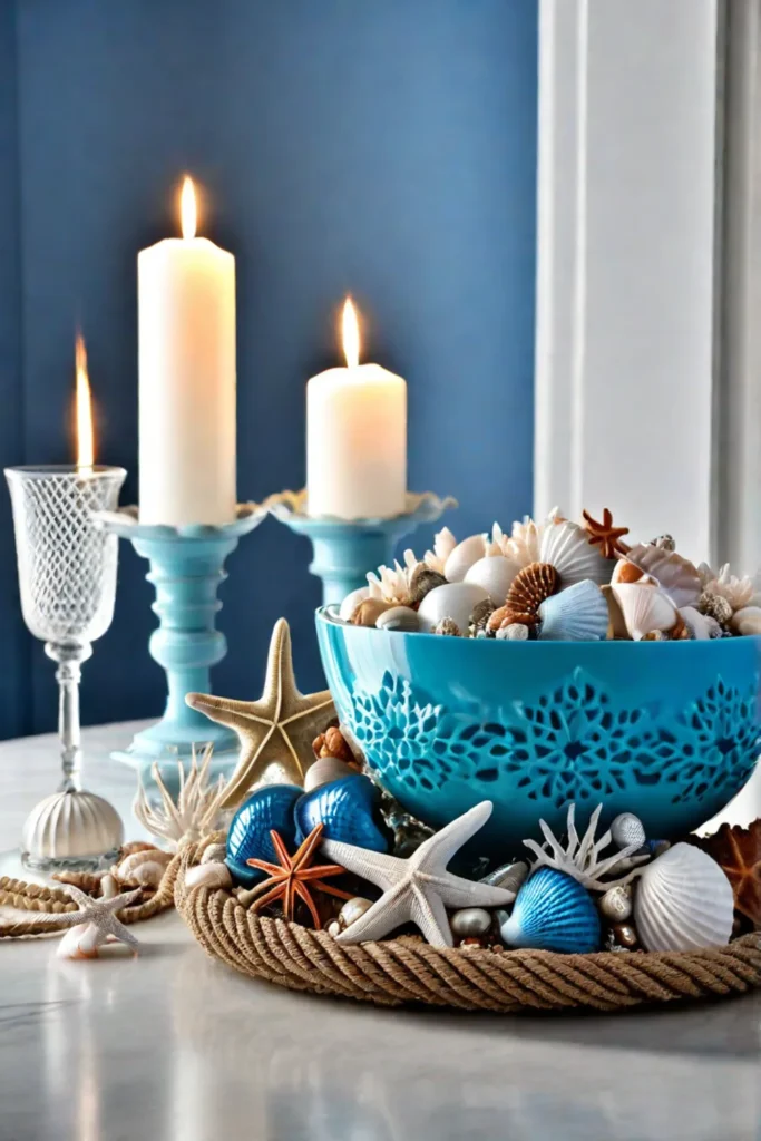 Coastalthemed decor with seashells and candles