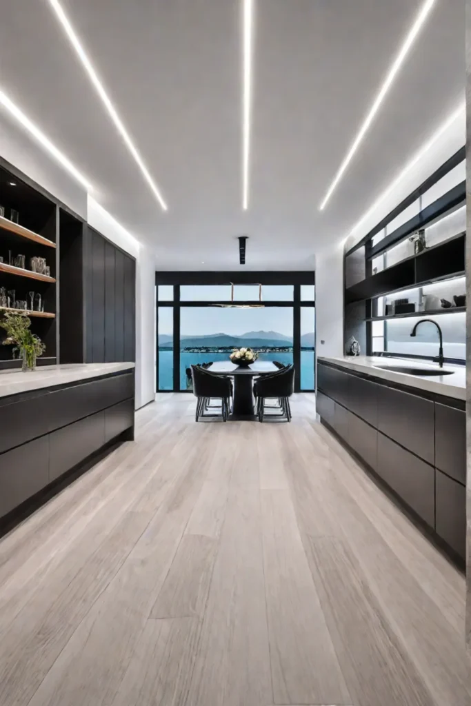 Cohesive contemporary kitchen with white shaker cabinets hardwood floors and quartz countertops