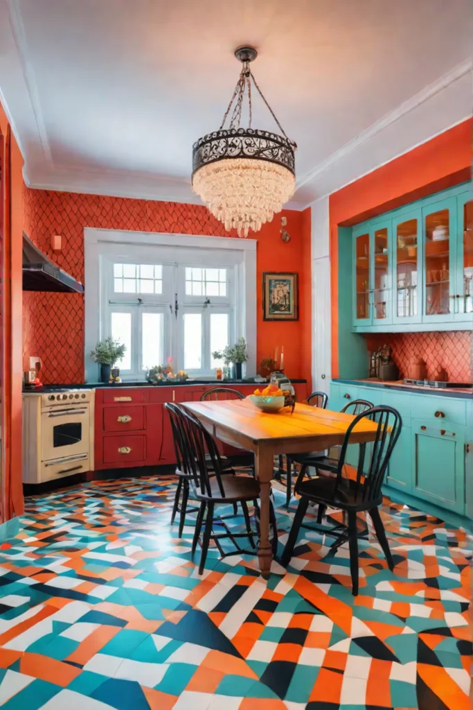Colorful kitchen with linoleum flooring and vintage elements