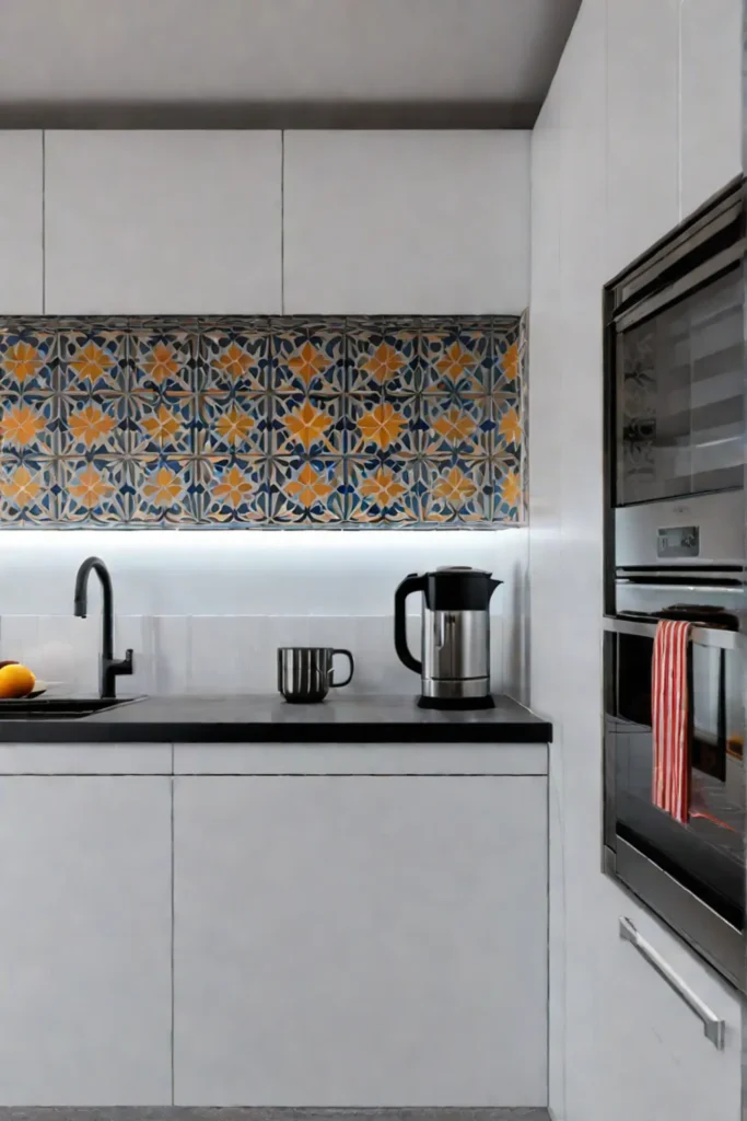 Colorful kitchen with mixedpattern ceramic tile flooring