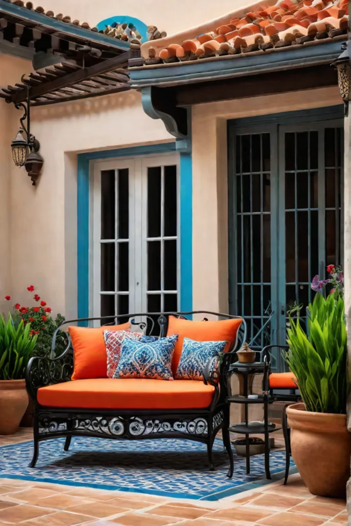Colorful outdoor space with wrought iron furniture and planters