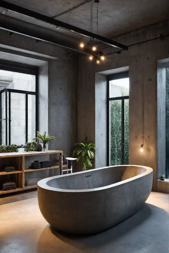 Concrete bathtub in an industrialstyle bathroom