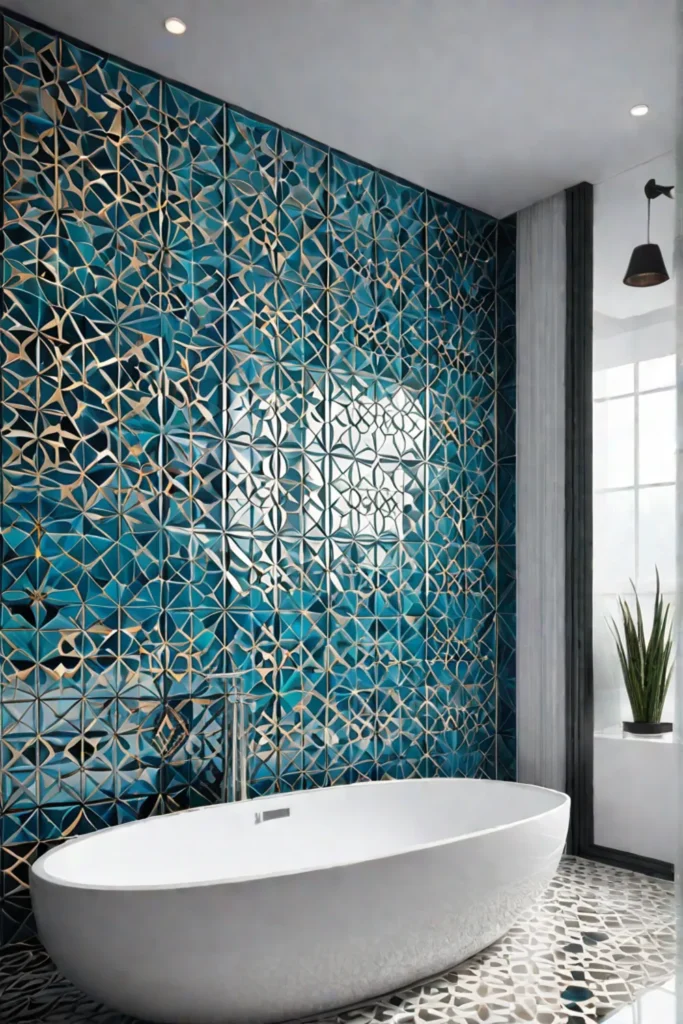Contemporary bathroom shower with geometric patterned ceramic tiles
