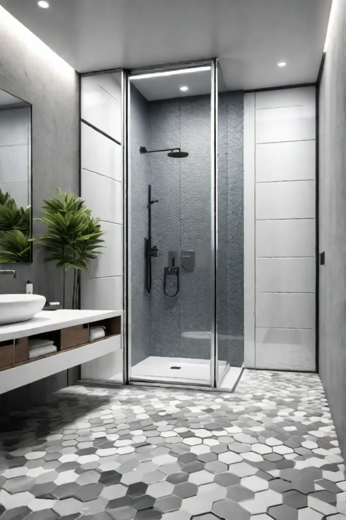 Contemporary bathroom with geometric shower tiles