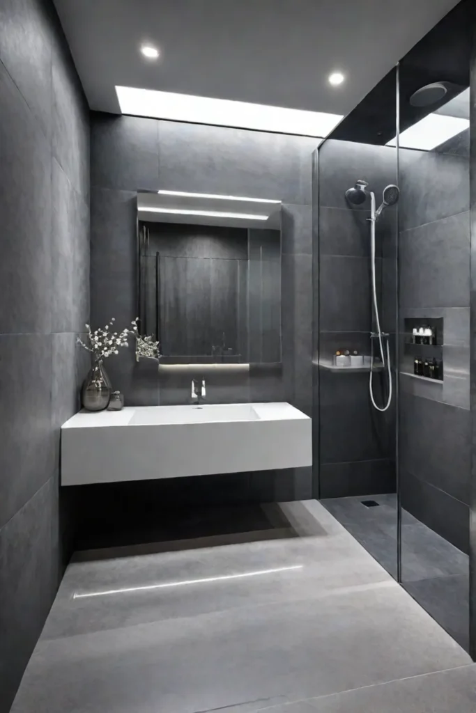 Contemporary bathroom with gray tiles a floating vanity and a walkin shower
