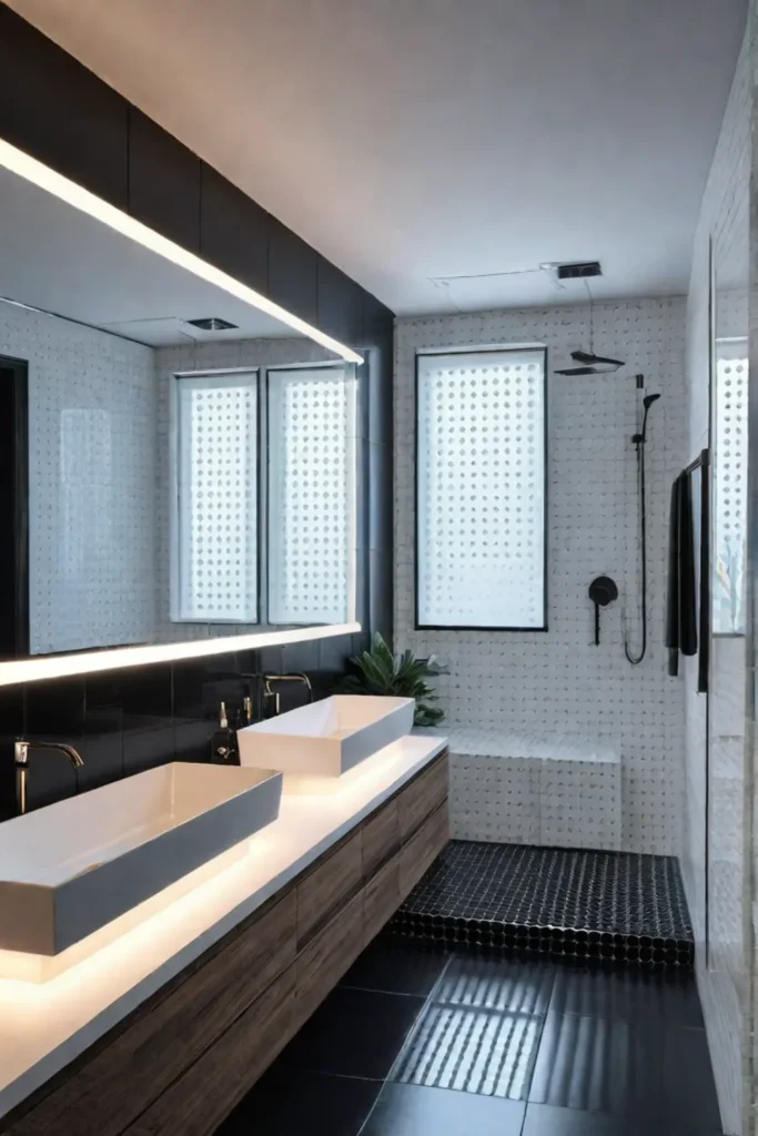 Contemporary bathroom with hexagonal tile and LED mirror