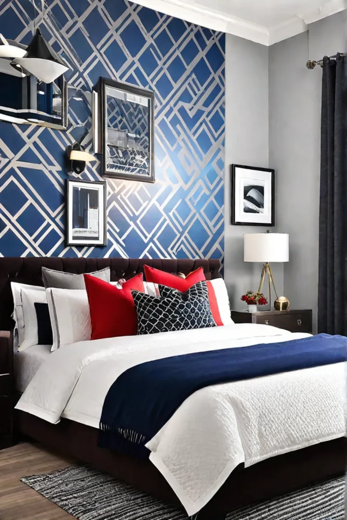 Contemporary bedroom with geometric wallpaper accent wall